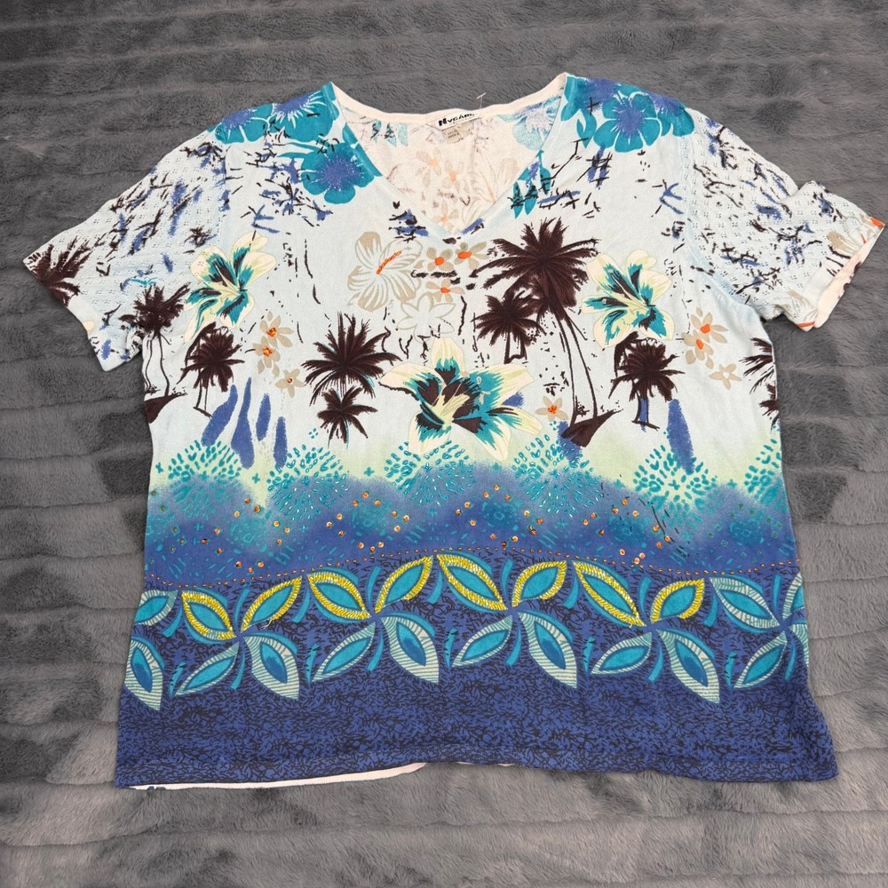 Nygard Collection Womens 1X Blue Tropical Palm Tree Beaded V-Neck Knit Top